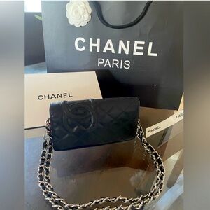 Low Price 🔥 CHANEL Cambon Calfskin Quilted CC Logo Wallet With Chain